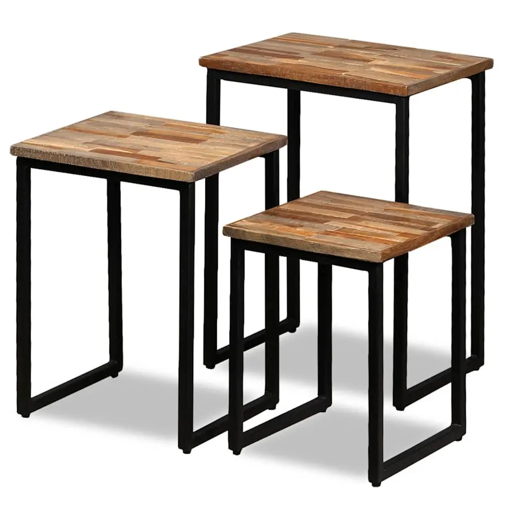 3 Piece Nesting Coffee Table Set Reclaimed Teak Industrial Style Brown Accent