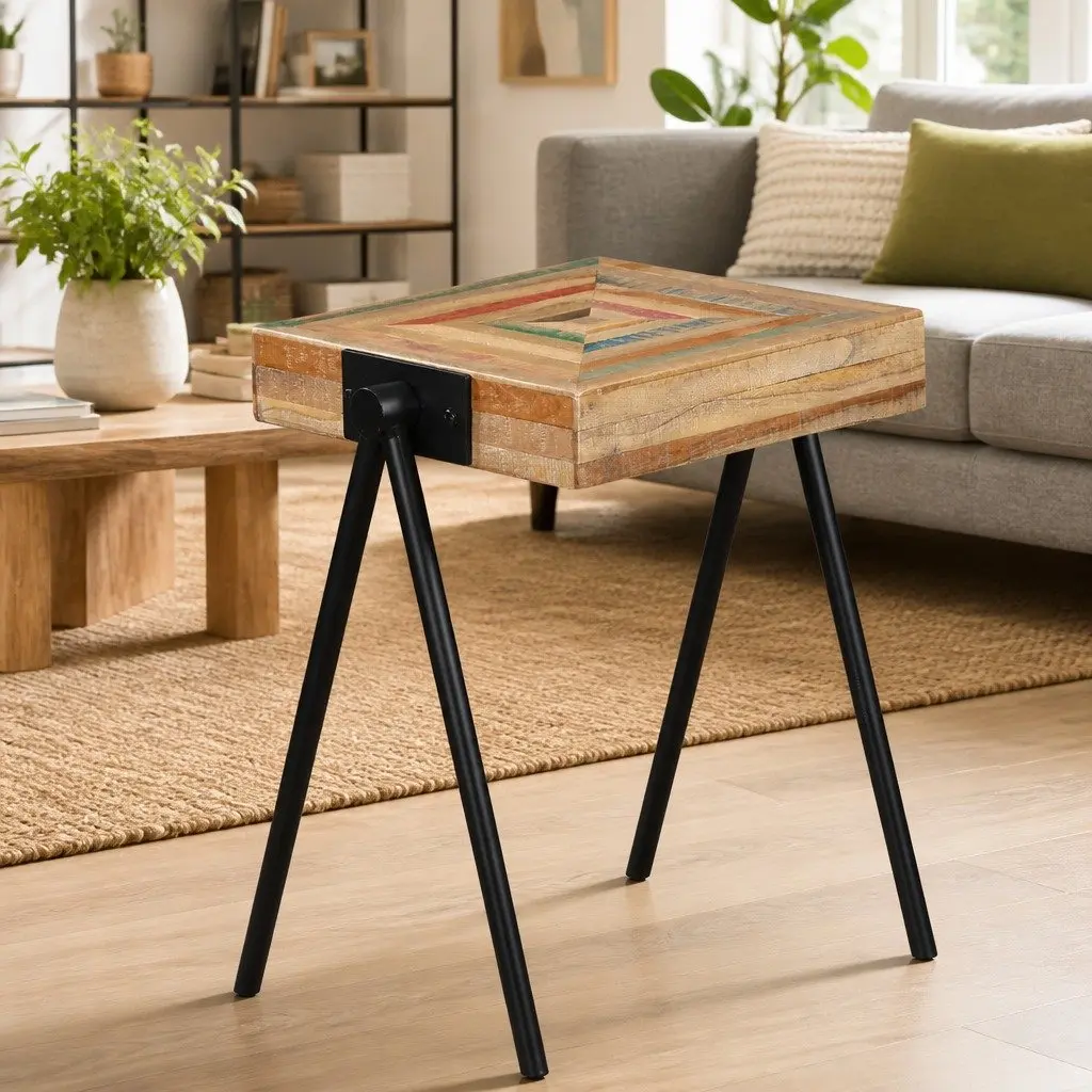 End Table Side Table Reclaimed Solid Wood Industrial Steel Legs Living Room