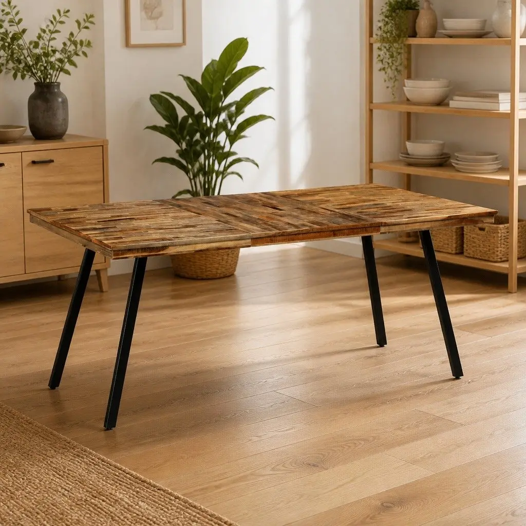 Industrial Dining Table Brown Reclaimed Teak Steel 180x90x76cm