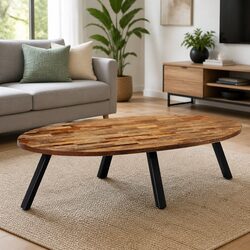 Oval Coffee Table Reclaimed Teak Solid Wooden Living Room Accent Furniture