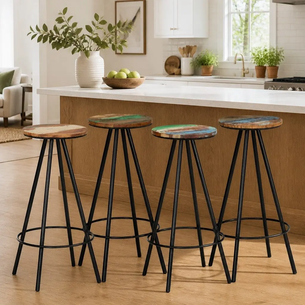 4 Piece Set Brown Bar Stools Industrial Style Solid Reclaimed Wood