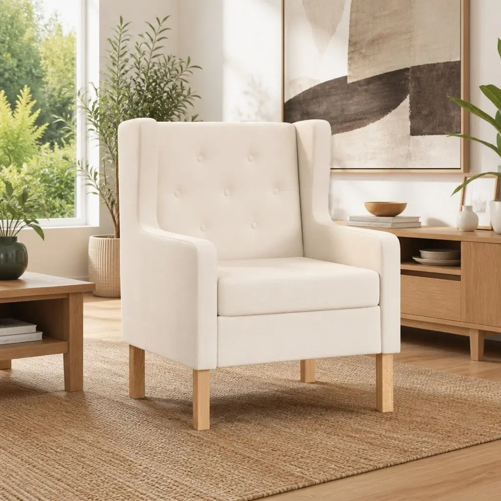 Armchair White Fabric Foam Padded Upholstered Wooden Frame