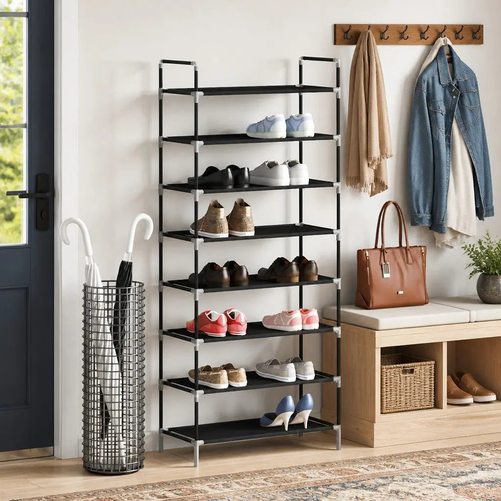 Shoe Storage Organiser Black Eight Shelf Non-woven Fabric Metal Frame