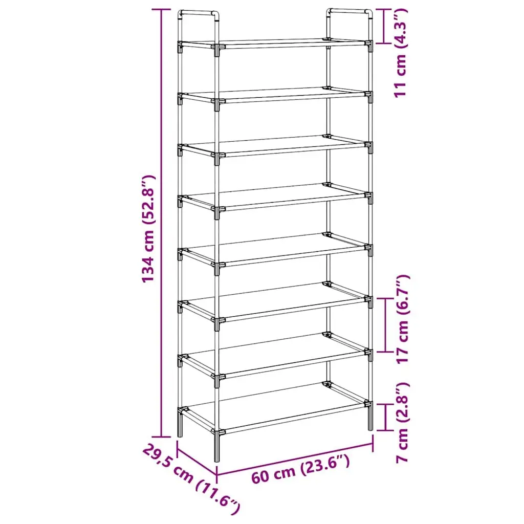 Shoe Storage Organiser Black Eight Shelf Non-woven Fabric Metal Frame