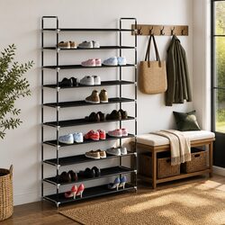 Shoe Rack with 10 Shelves Storage Organiser Black Metal Frame Non-woven Fabric