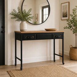 Console Table Vintage Style Solid Fir Wood MDF Steel Frame 2 Drawers Casters