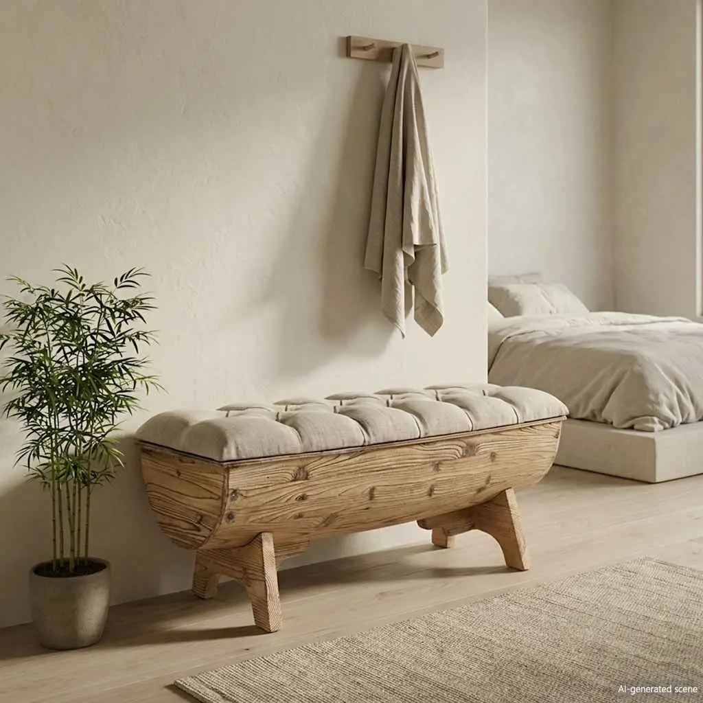 Storage Bench 103x51x44 cm Solid Wood Fabric Seat Barrel Shape Rustic Entryway