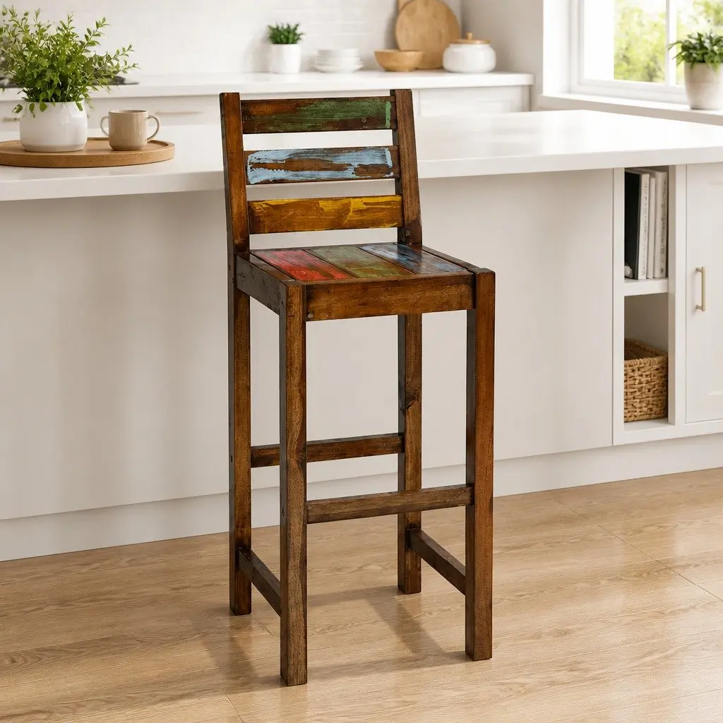 Bar Stools Vintage Solid Reclaimed Wood Kitchen Dining Chair Set 2 pcs
