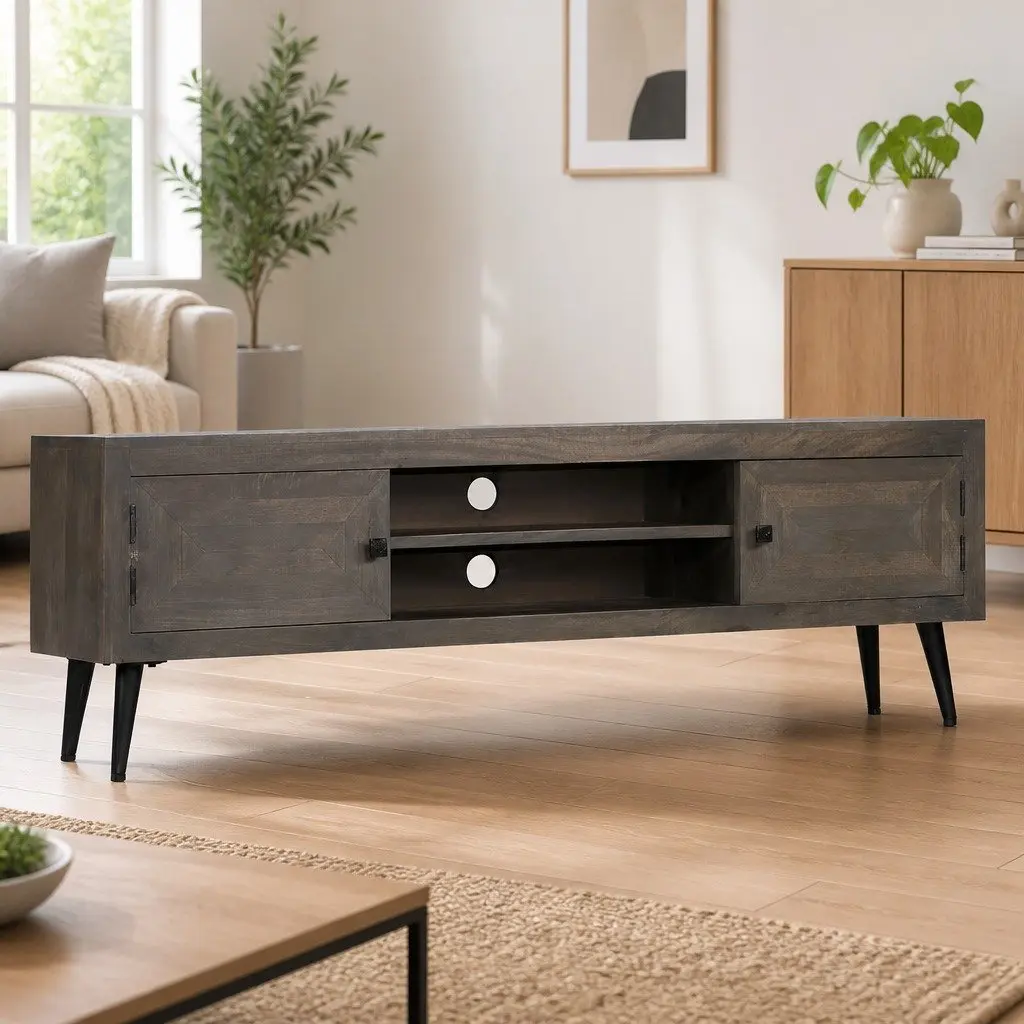 TV Cabinet Solid Mango Wood Storage Unit Sideboard HiFi Entertainment Grey 140cm