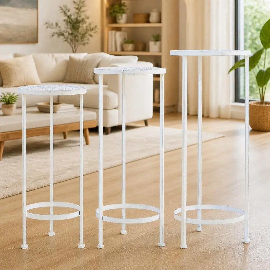 Plant Stand Set Antique White Metal Vintage 3 Piece Nesting Garden Home Decor