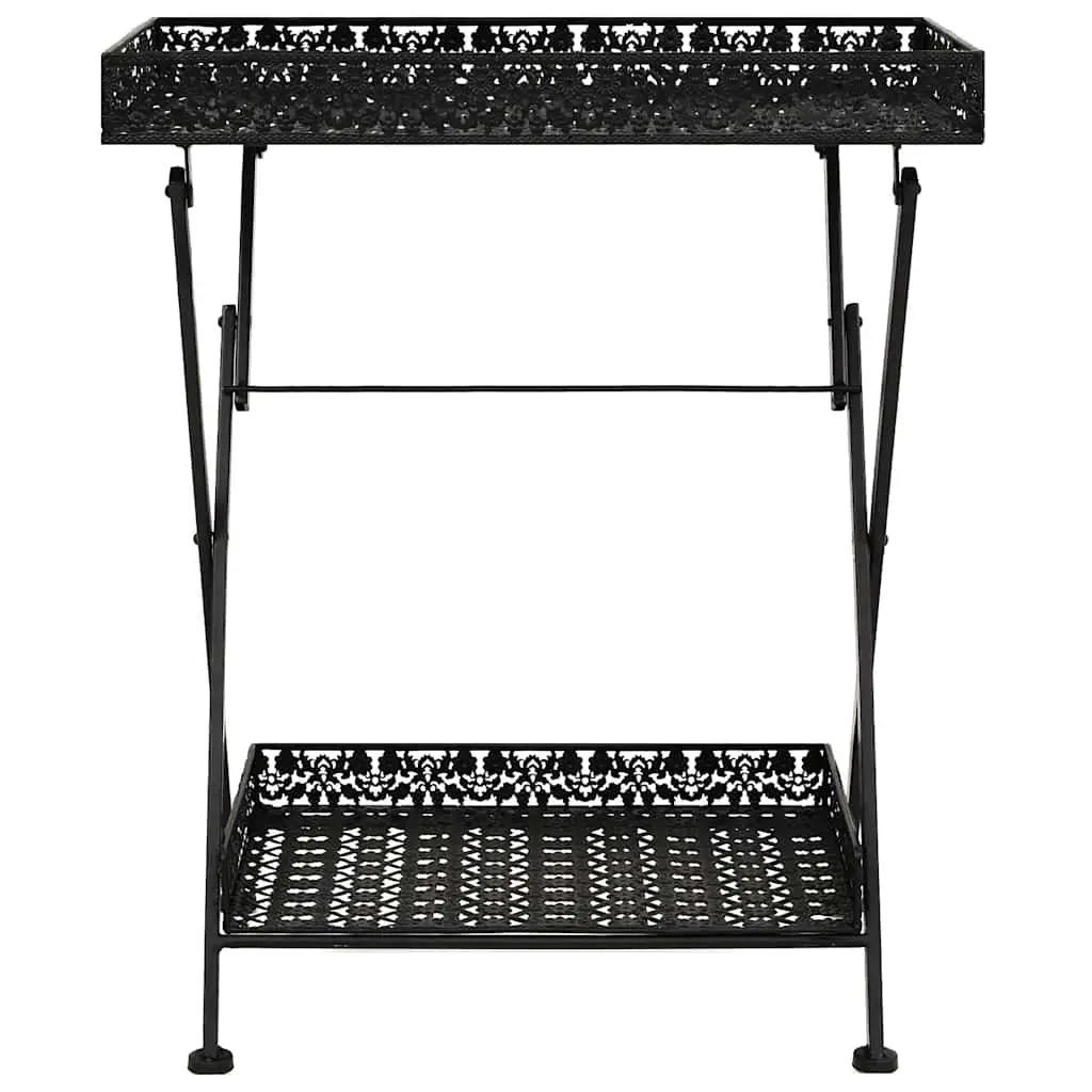 Folding Tea Table Vintage Style Metal End Table Storage Basket Black Antique