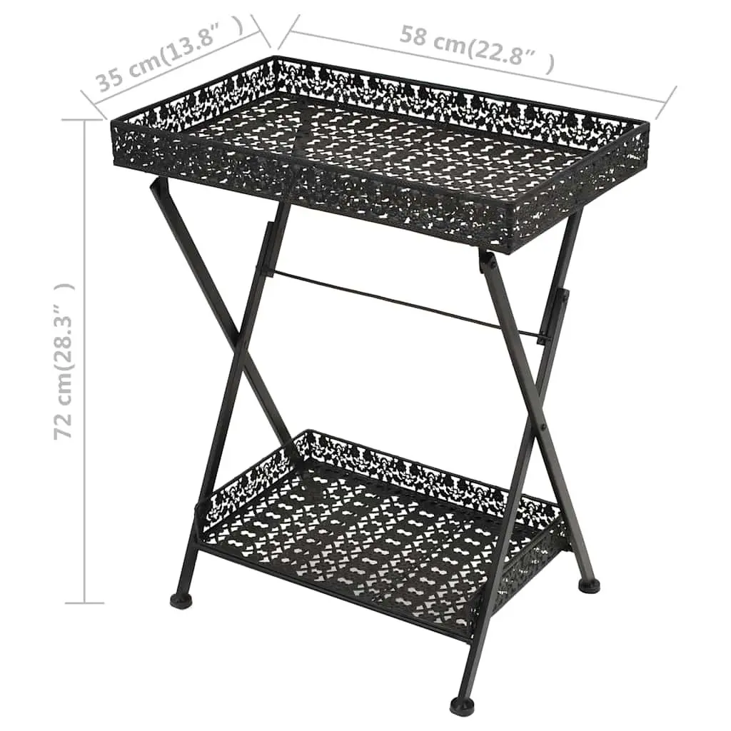 Folding Tea Table Vintage Style Metal End Table Storage Basket Black Antique