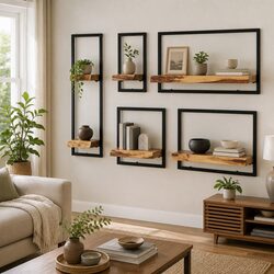 5-Piece Wall Shelf Set Featuring Acacia Wood and Steel