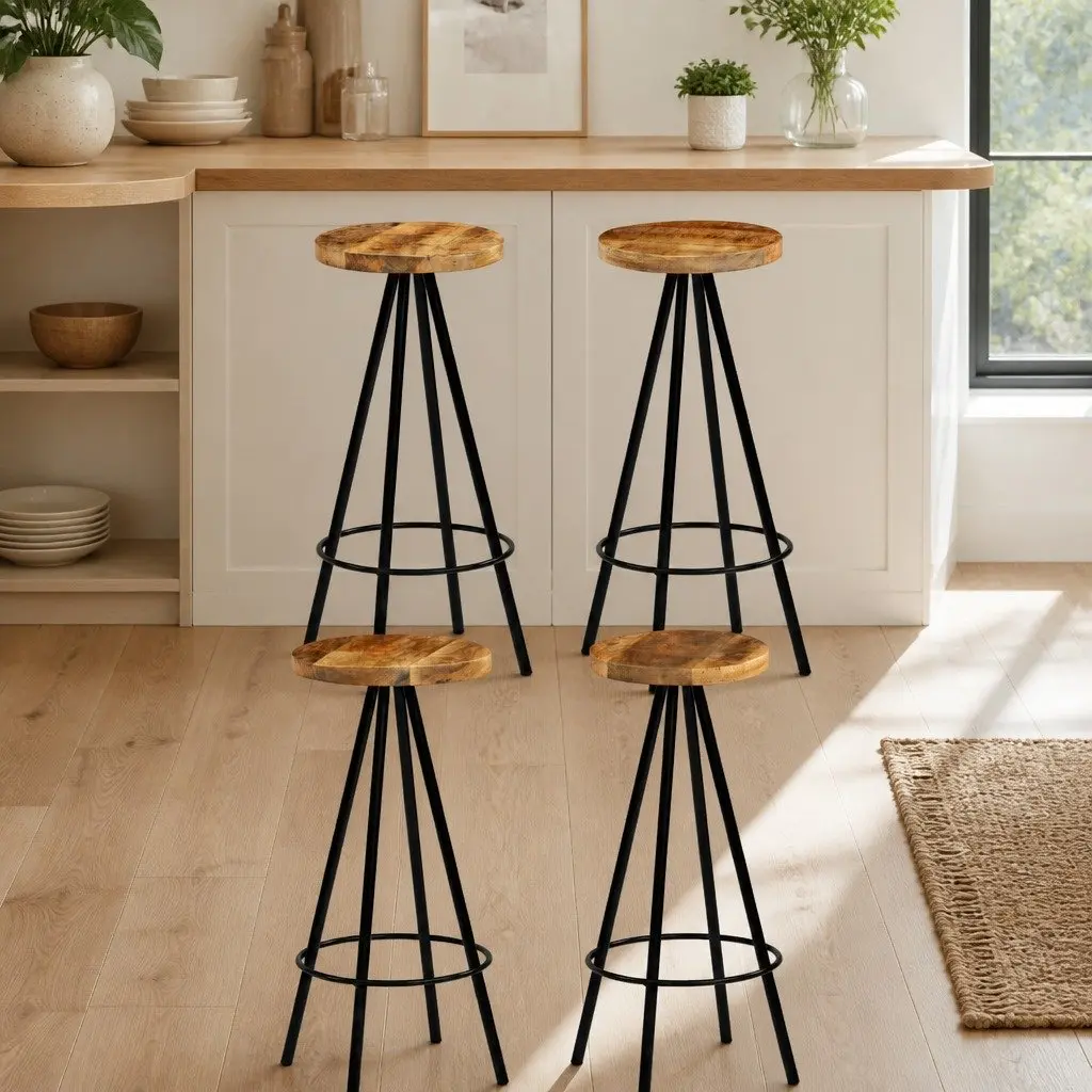 Bar Stools Solid Mango Wood Seats Steel Frame 4 Piece