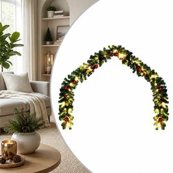 Christmas Garland with Baubles and LED Lights 20m Green Banister Fireplace