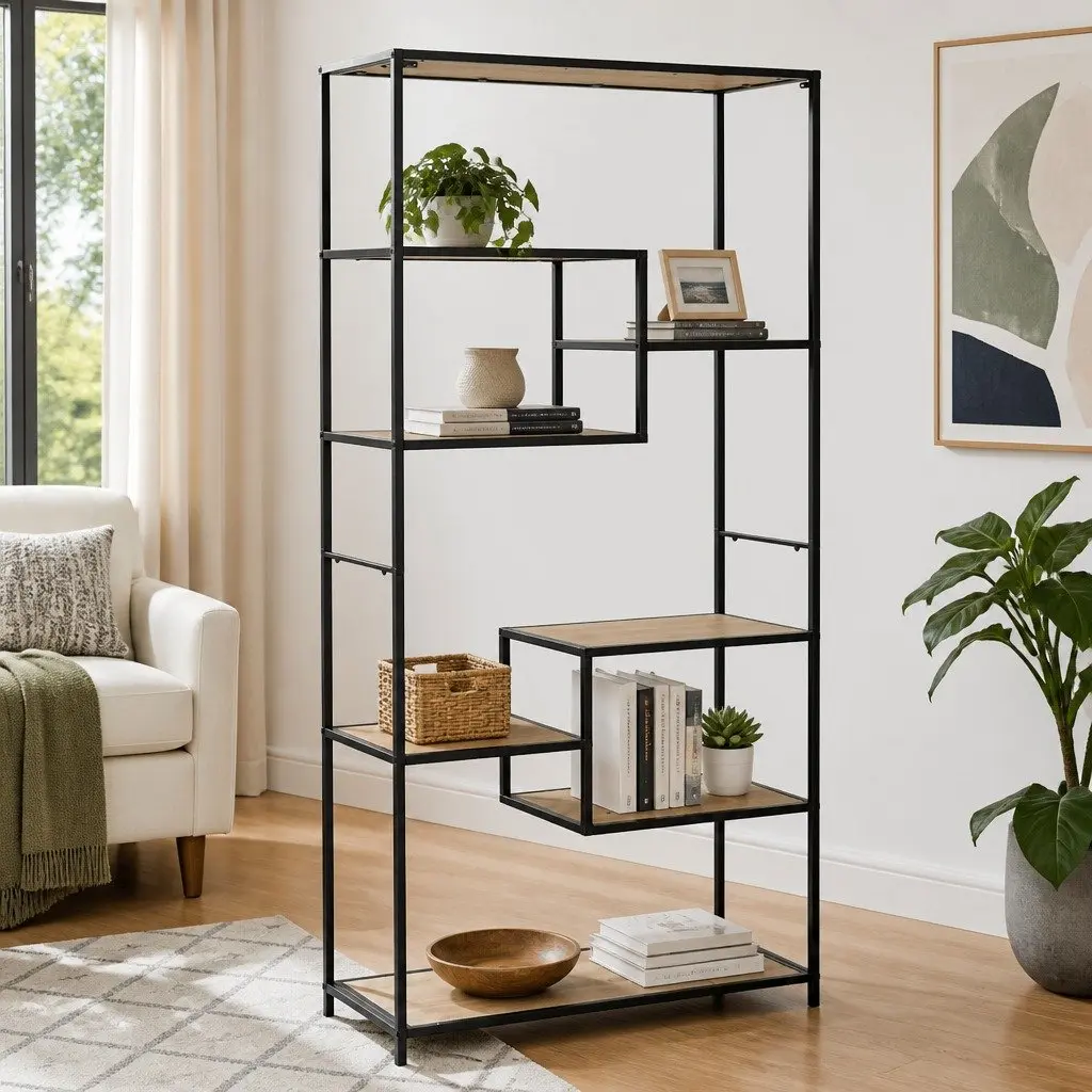 Bookcase Industrial Style Solid Firwood Steel Frame 90.5cm W x 35cm D x 180cm H