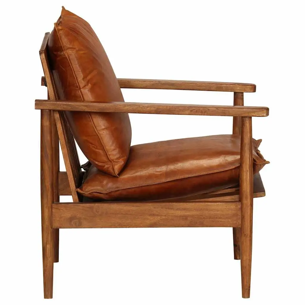 Armchair Brown Leather Acacia Wood Frame Living Room Seating Relaxation