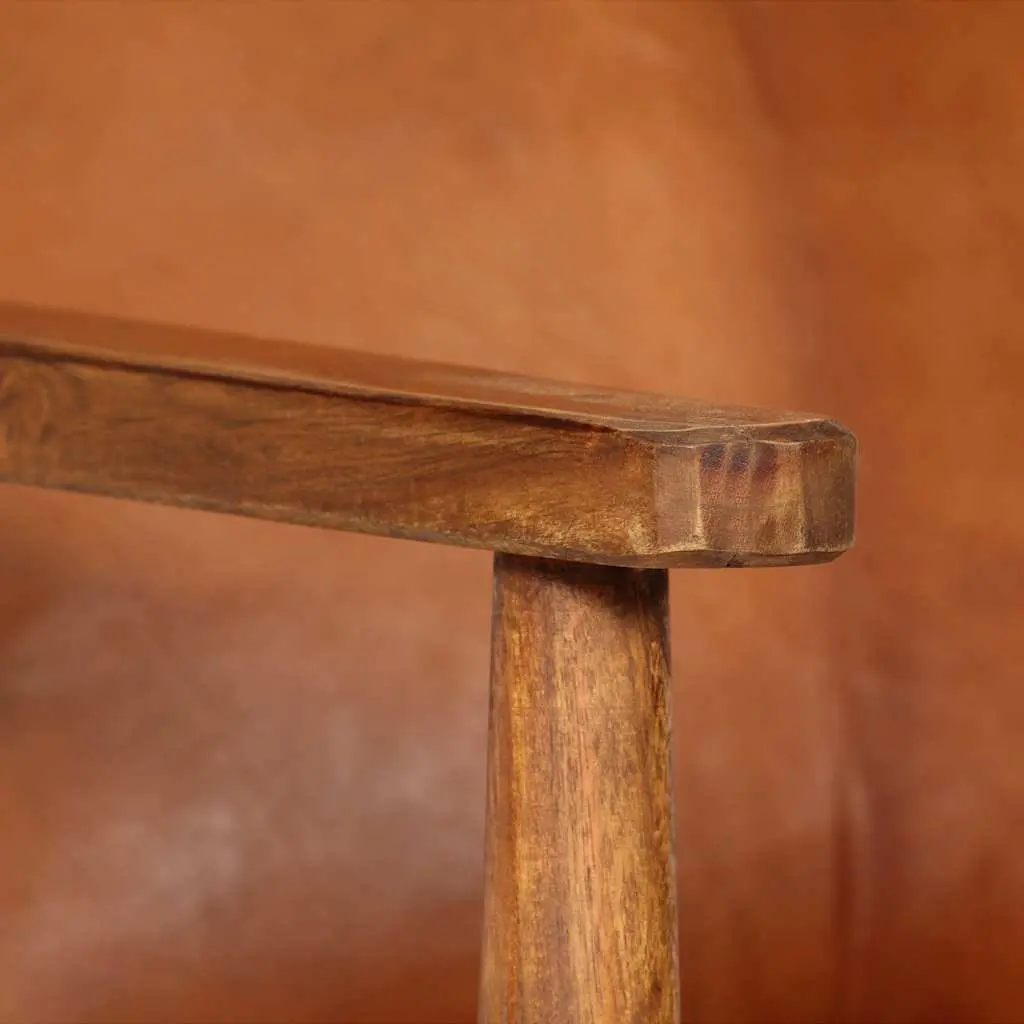 Armchair Brown Leather Acacia Wood Frame Living Room Seating Relaxation