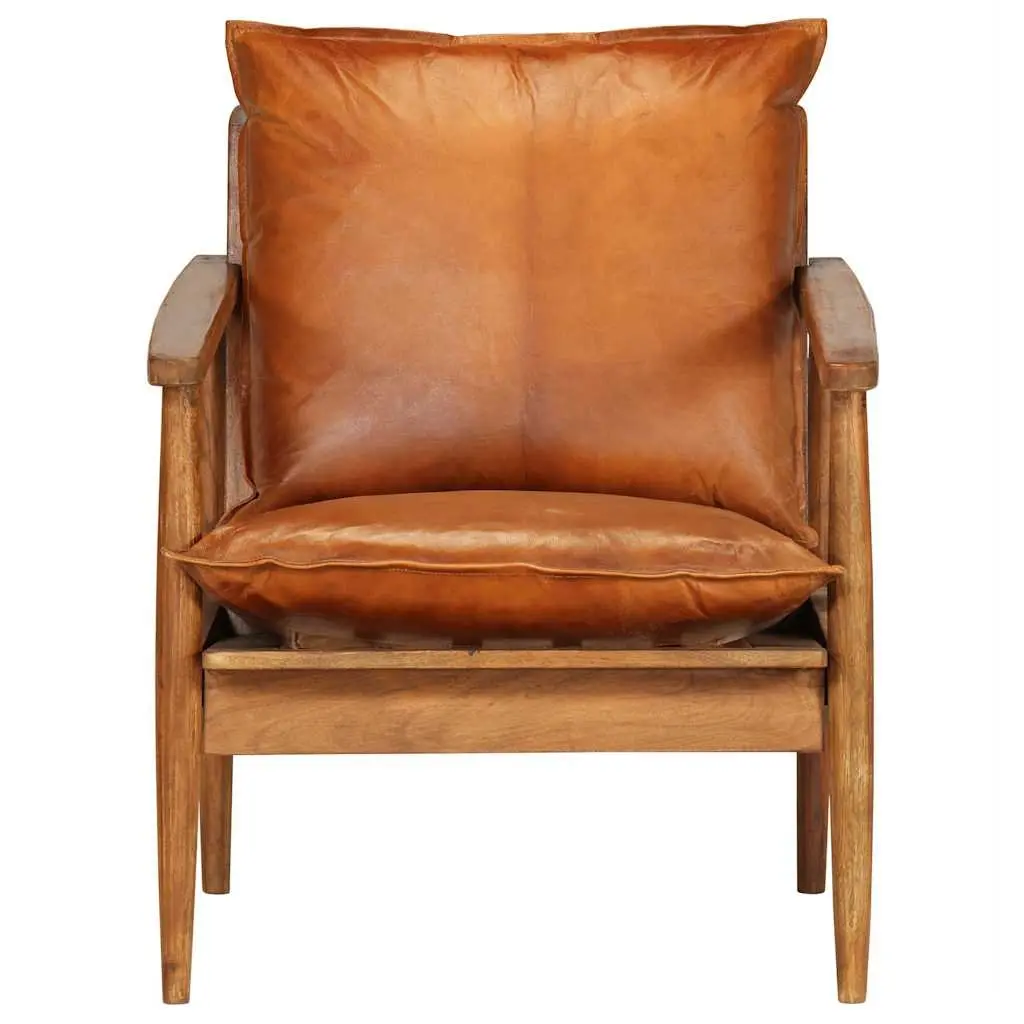 Armchair Brown Leather Acacia Wood Frame Living Room Seating Relaxation