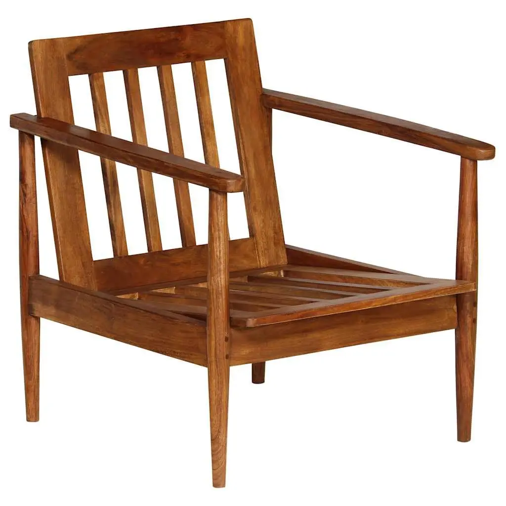 Armchair Brown Leather Acacia Wood Frame Living Room Seating Relaxation