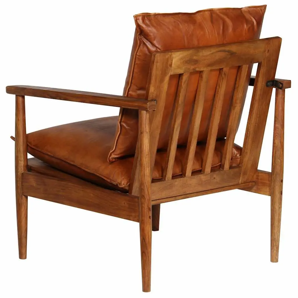 Armchair Brown Leather Acacia Wood Frame Living Room Seating Relaxation