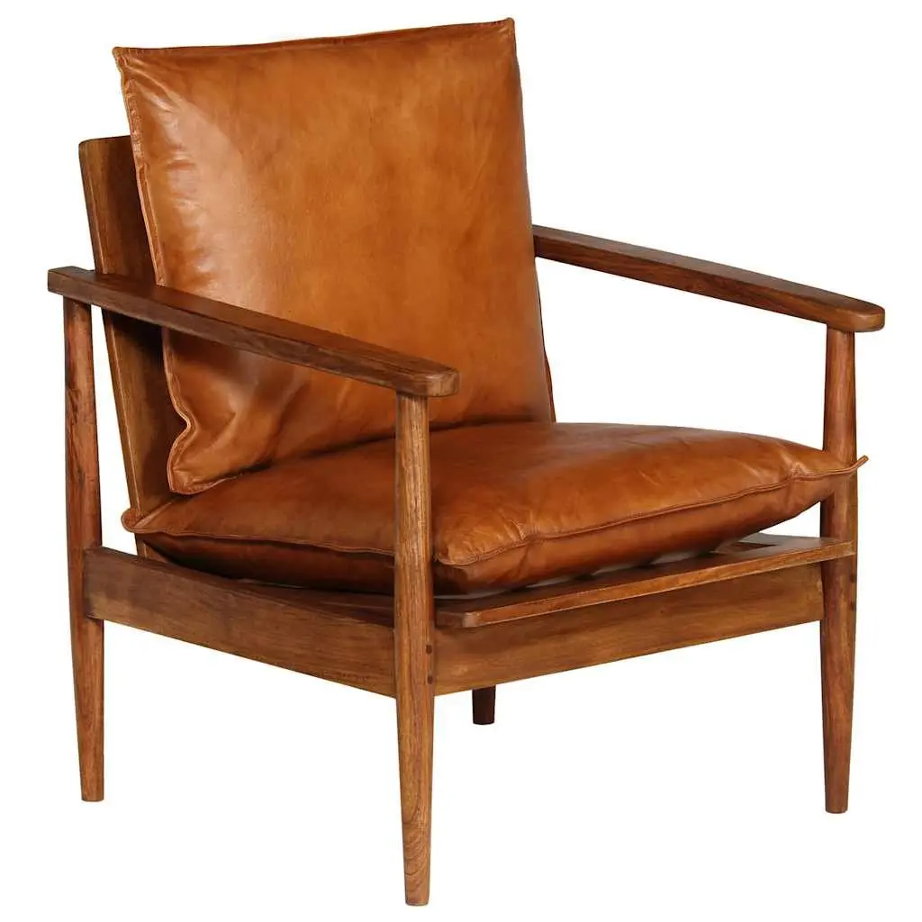 Armchair Brown Leather Acacia Wood Frame Living Room Seating Relaxation