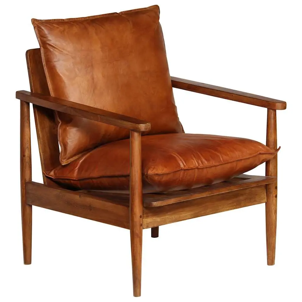 Armchair Brown Leather Acacia Wood Frame Living Room Seating Relaxation
