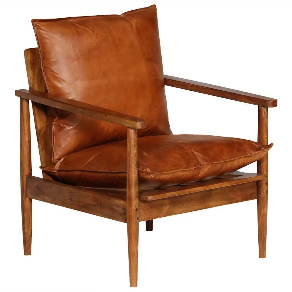 Armchair Brown Leather Acacia Wood Frame Living Room Seating Relaxation