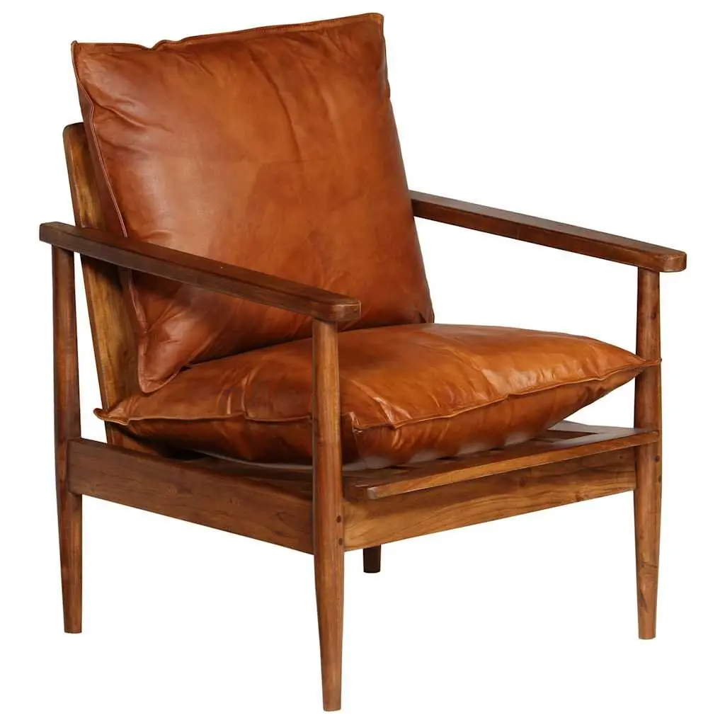 Armchair Brown Leather Acacia Wood Frame Living Room Seating Relaxation