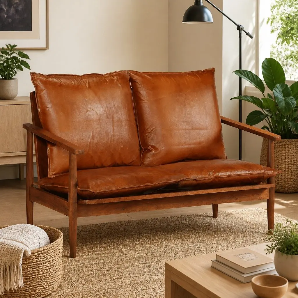 2-Seater Sofa Brown Goat Leather Upholstery Solid Acacia Wood Frame for Living Room