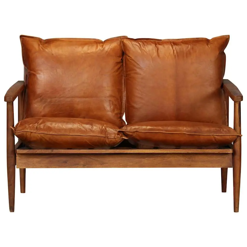 2-Seater Sofa Brown Goat Leather Upholstery Solid Acacia Wood Frame for Living Room