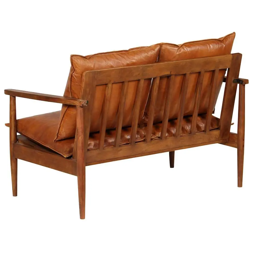 2-Seater Sofa Brown Goat Leather Upholstery Solid Acacia Wood Frame for Living Room