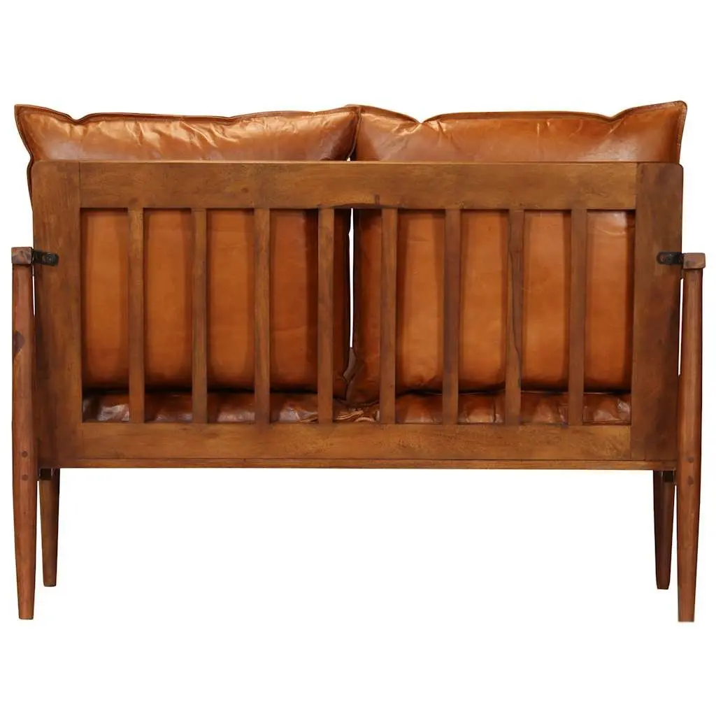2-Seater Sofa Brown Goat Leather Upholstery Solid Acacia Wood Frame for Living Room