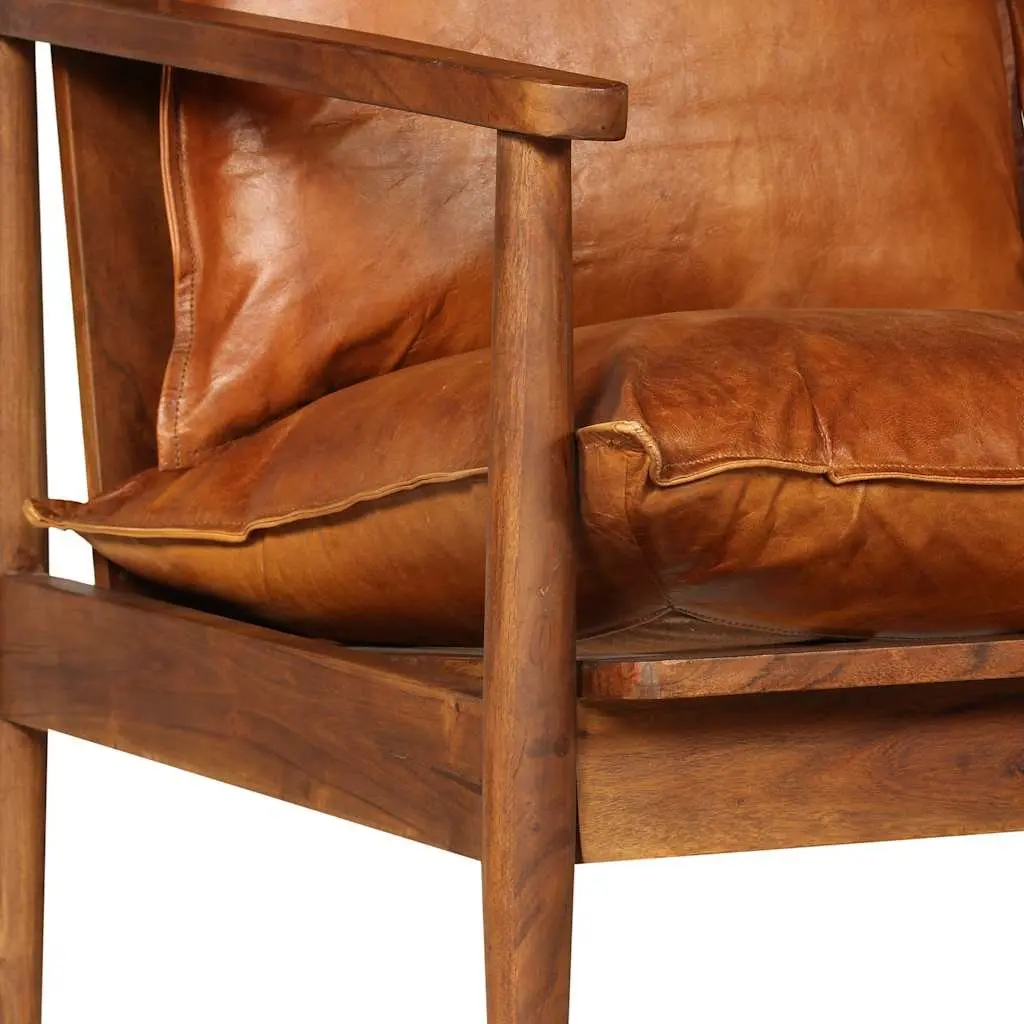 2-Seater Sofa Brown Goat Leather Upholstery Solid Acacia Wood Frame for Living Room