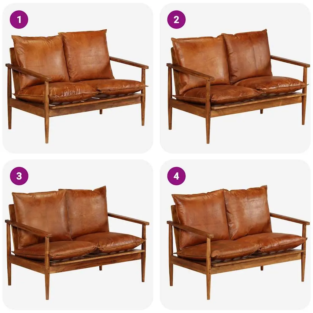 2-Seater Sofa Brown Goat Leather Upholstery Solid Acacia Wood Frame for Living Room