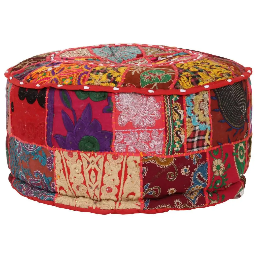 Round Patchwork Pouffe Handmade Embroidered Red Cotton 40 x 20 cm