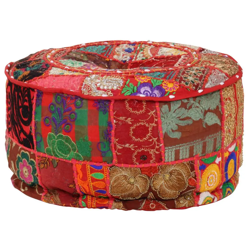 Round Patchwork Pouffe Handmade Embroidered Red Cotton 40 x 20 cm