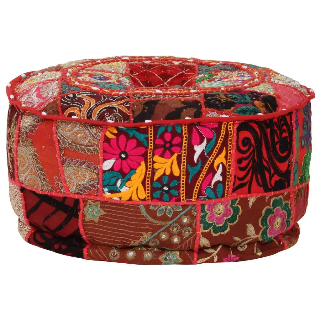 Round Patchwork Pouffe Handmade Embroidered Red Cotton 40 x 20 cm