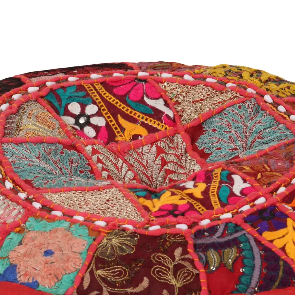 Round Patchwork Pouffe Handmade Embroidered Red Cotton 40 x 20 cm