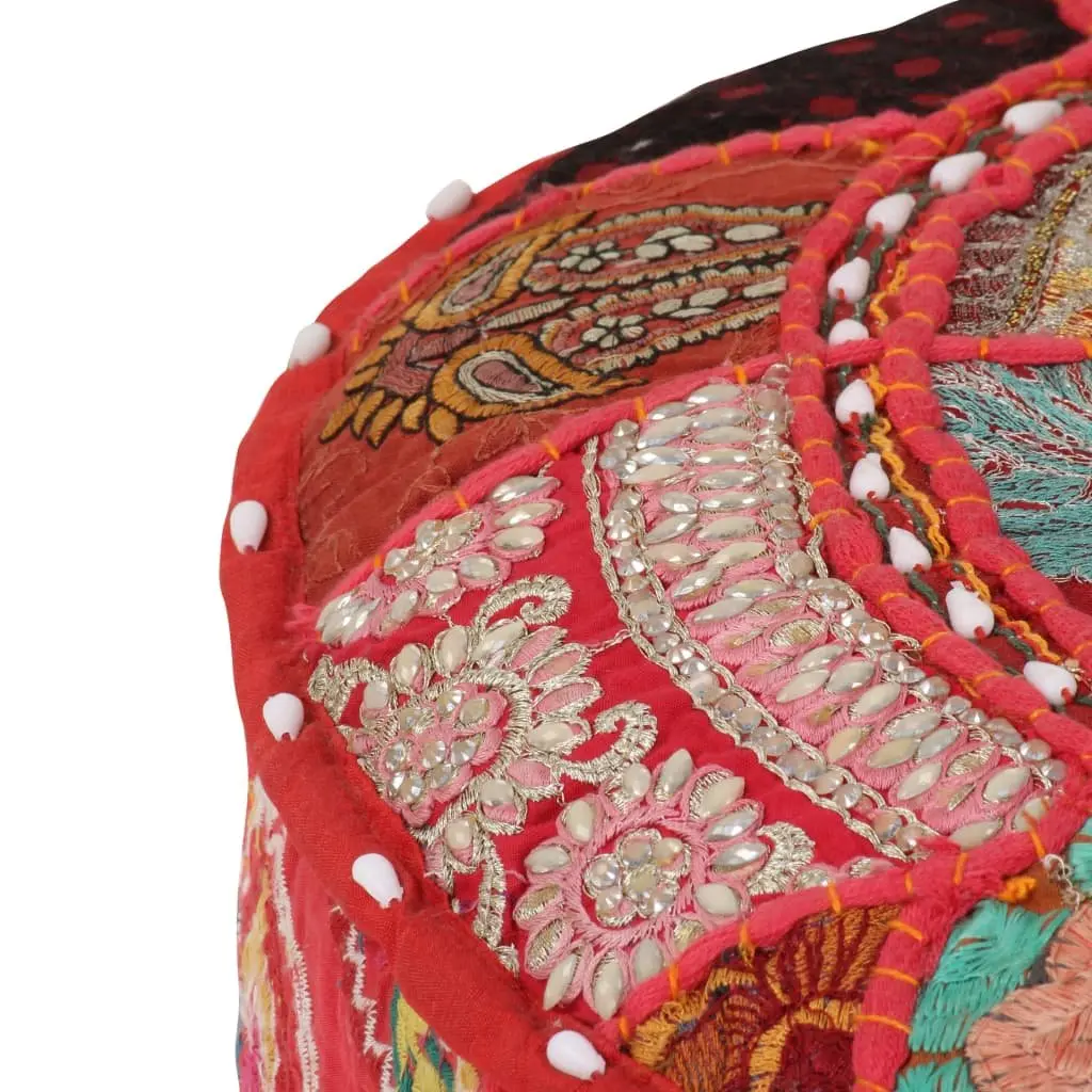 Round Patchwork Pouffe Handmade Embroidered Red Cotton 40 x 20 cm