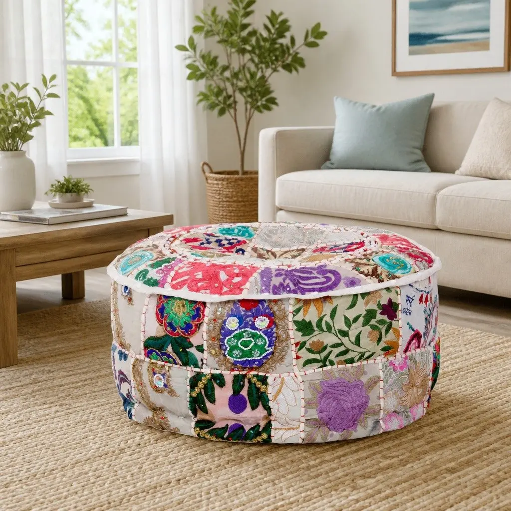 Patchwork Pouffe Handmade Cotton 40x20 cm Beige