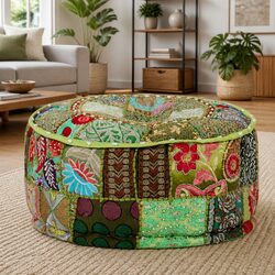 Patchwork Round Pouffe Ottoman Footrest Handmade Cotton Green 40x20cm