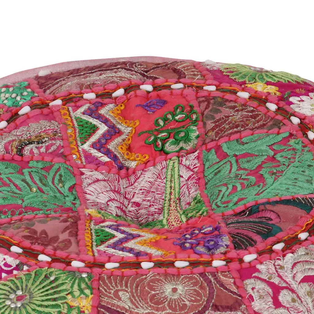 Round Patchwork Pouffe Footrest Handmade Cotton Pink 40x20 cm Boho Decor
