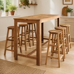 Bar Table and Stool Set 7 Pieces Solid Acacia Wood Rustic Kitchen Dining