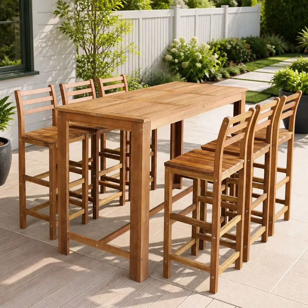 Bar Table and Chair Set Rustic Wooden 7 Piece Brown