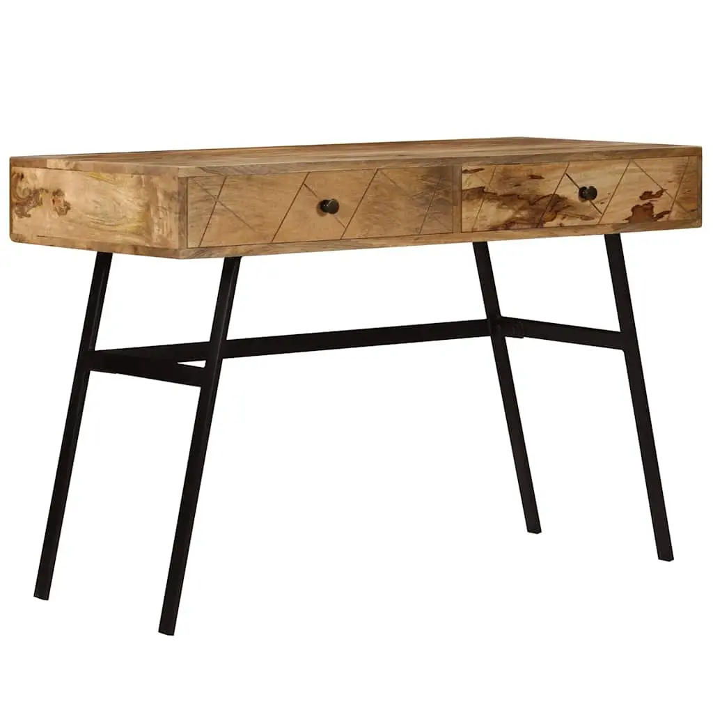 Solid Mango Wood Writing Desk with 2 Drawers Industrial Steel Legs Office