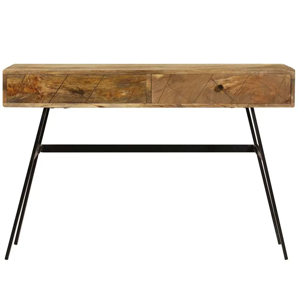 Solid Mango Wood Writing Desk with 2 Drawers Industrial Steel Legs Office