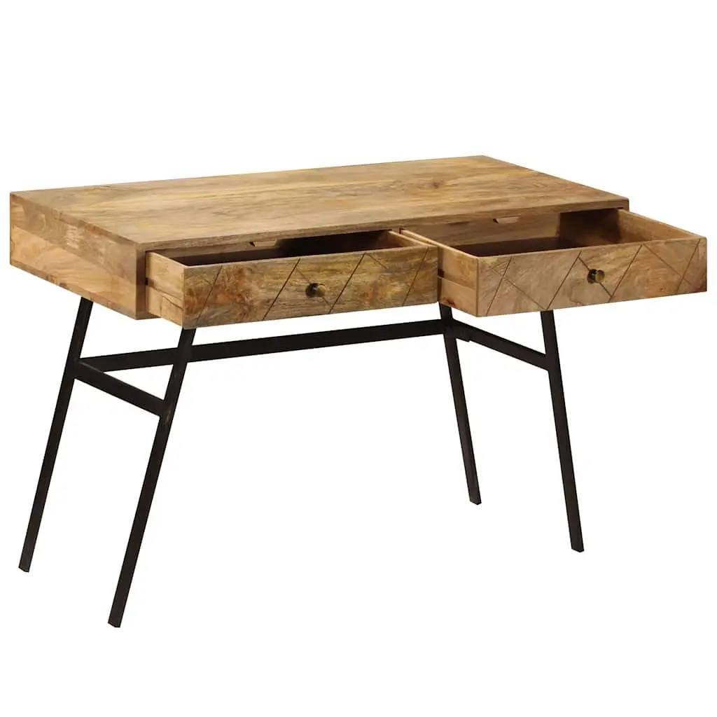 Solid Mango Wood Writing Desk with 2 Drawers Industrial Steel Legs Office