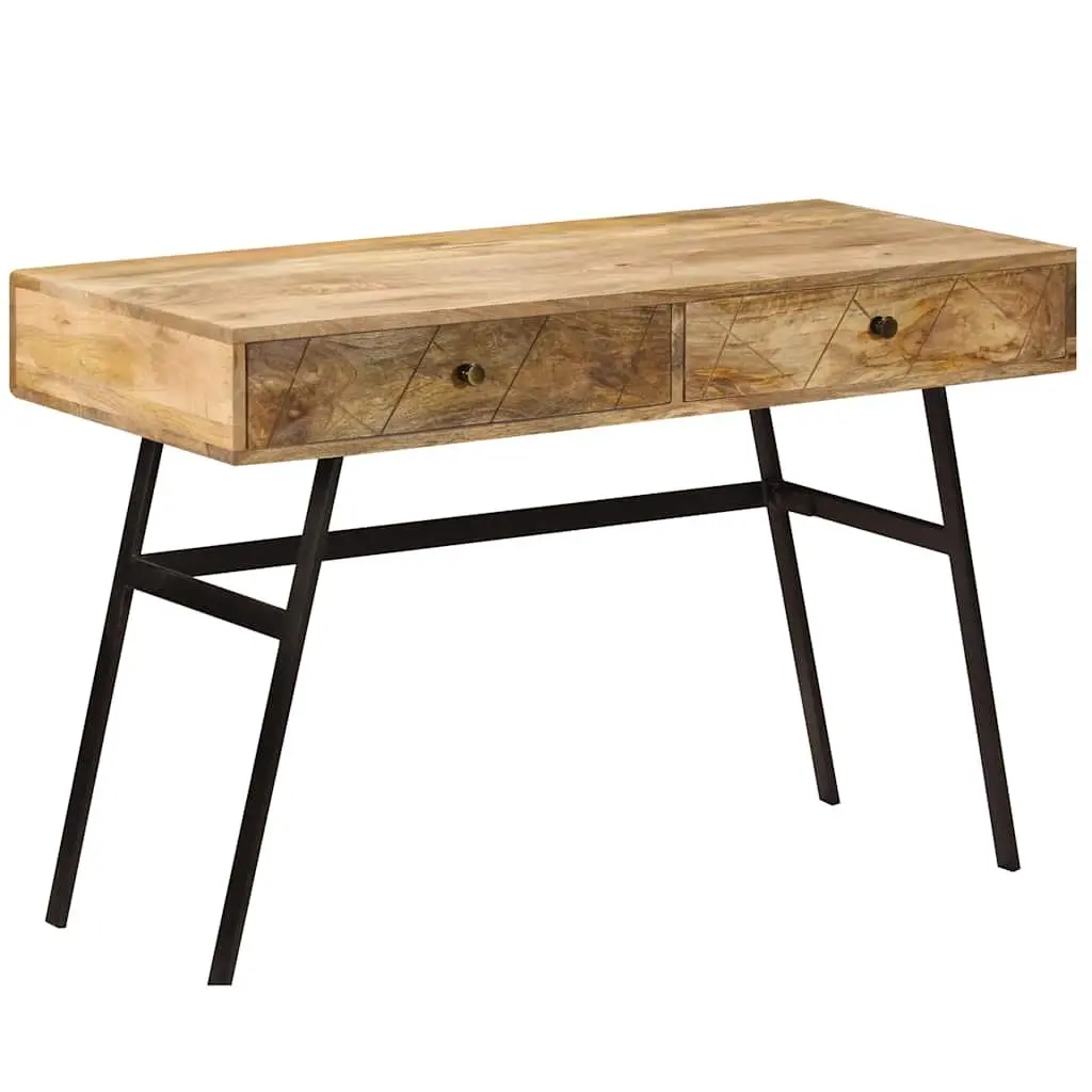 Solid Mango Wood Writing Desk with 2 Drawers Industrial Steel Legs Office