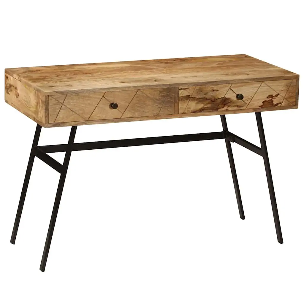 Solid Mango Wood Writing Desk with 2 Drawers Industrial Steel Legs Office
